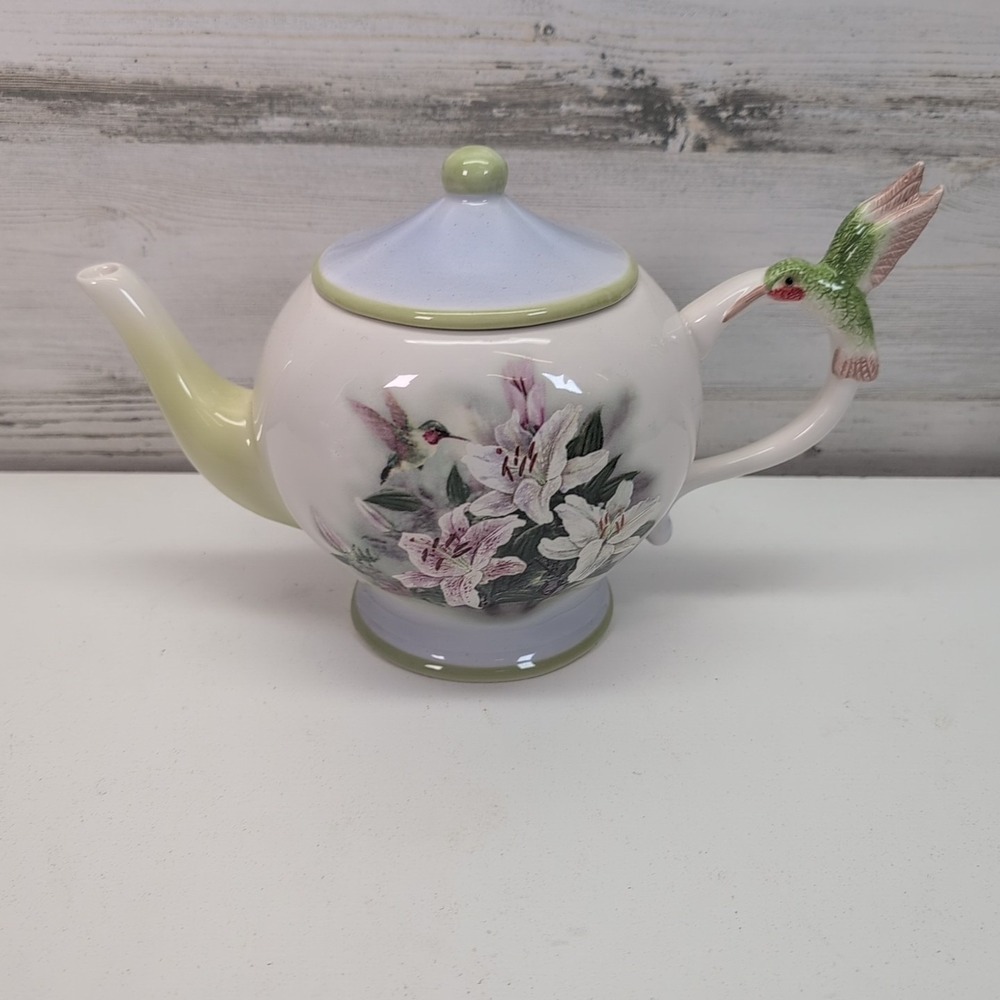 Vintage 1980s Teleflora Lena Liu Hummingbird and Lilies Teapot Green Purple